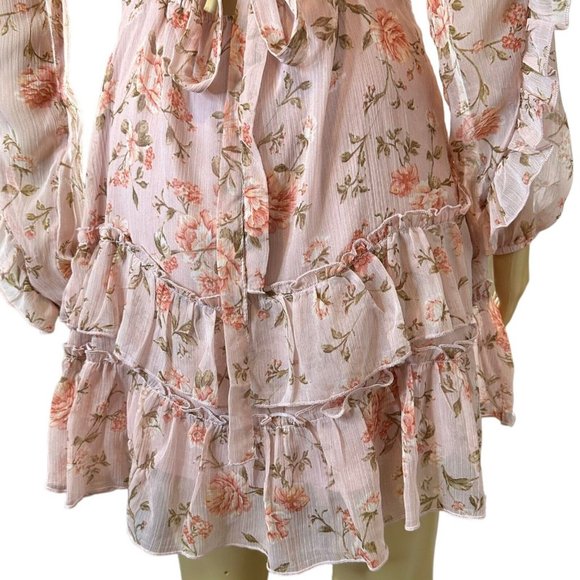 Divided Floral Bohemian Dress Medium M Baby Pink Back-Laced Lined Layered Ruffle - Picture 8 of 12